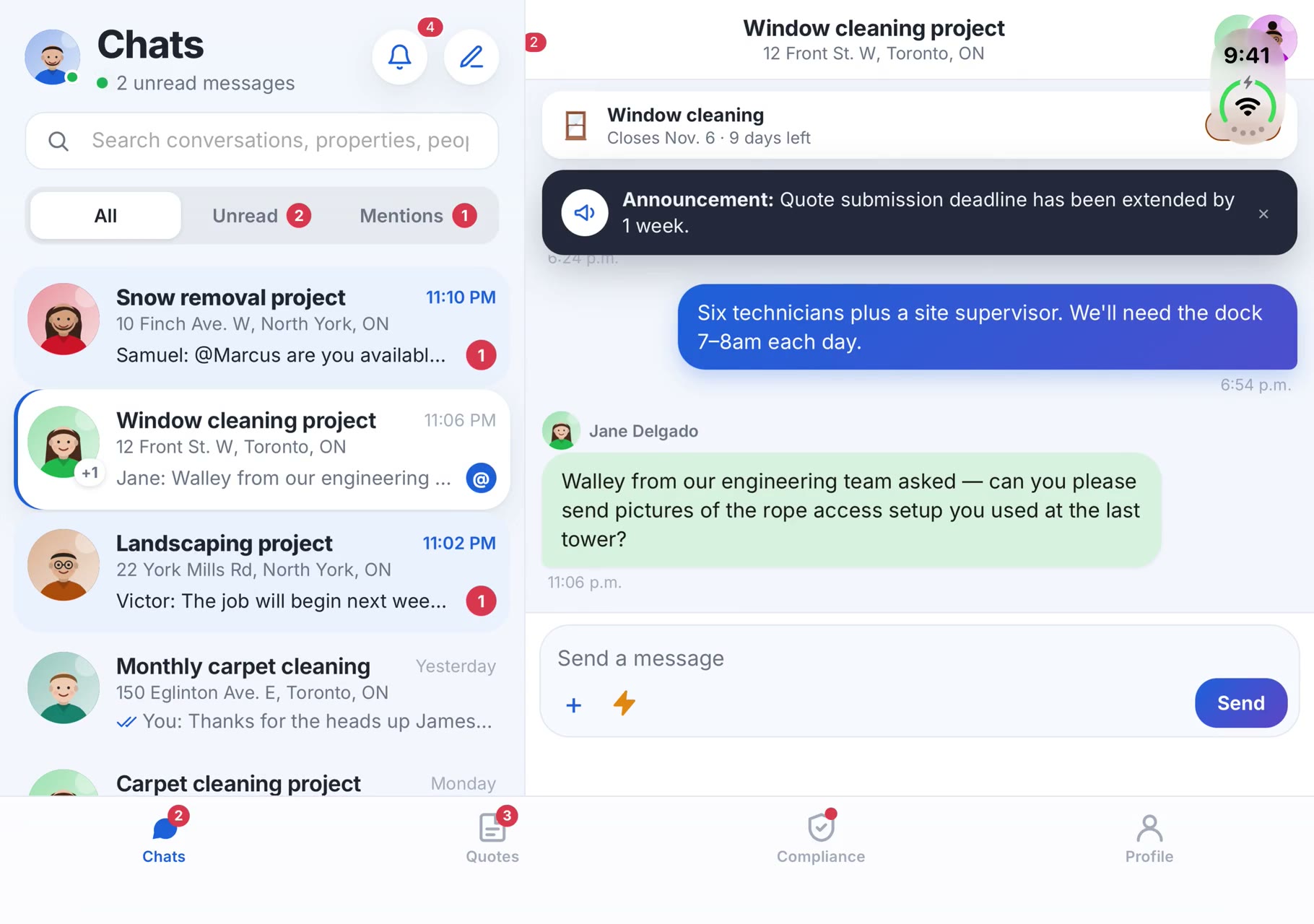 The app on an unfolded phone with the inbox and a conversation side by side