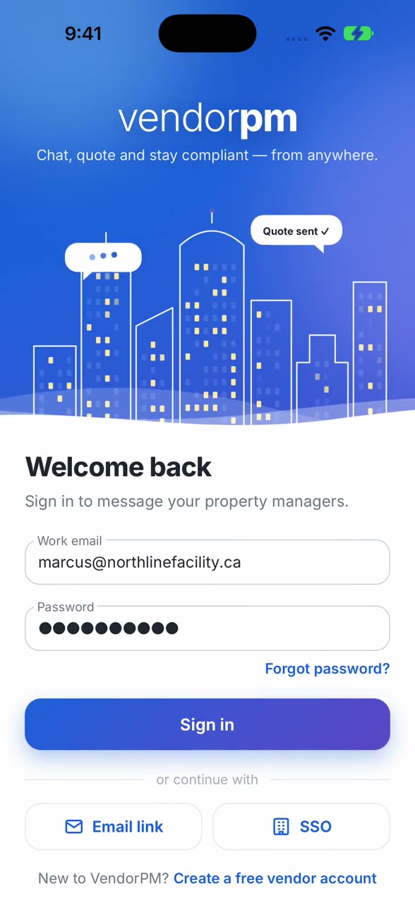 The animated VendorPM sign-in screen with a line-drawn skyline
